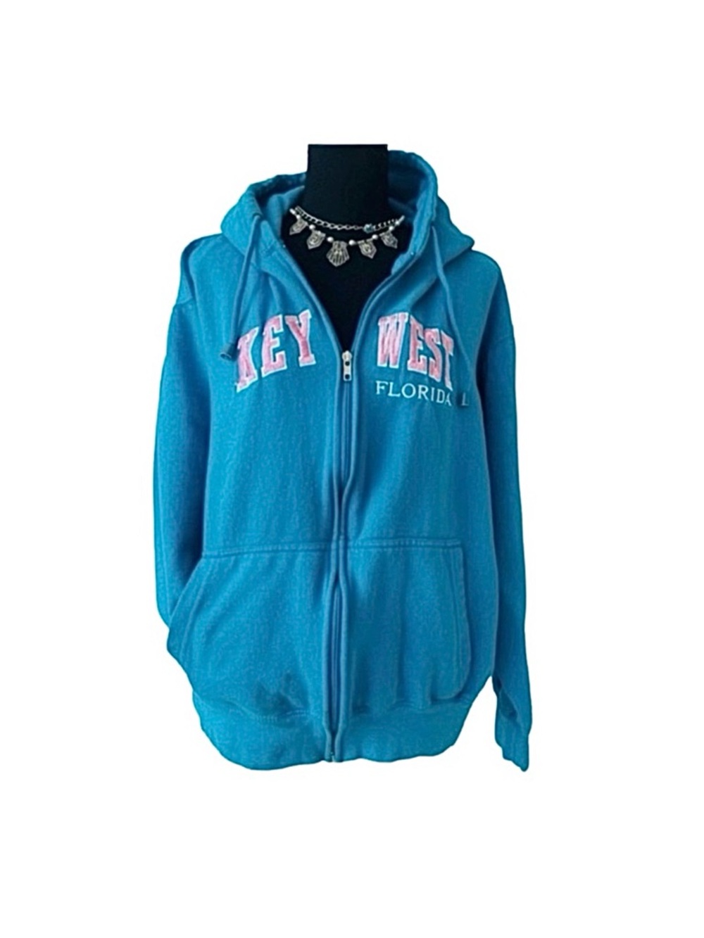 #28 ESY SURF CO ~ Aqua Blue Key West Florida Zip Up Drawstring Hoodie w/Pockets